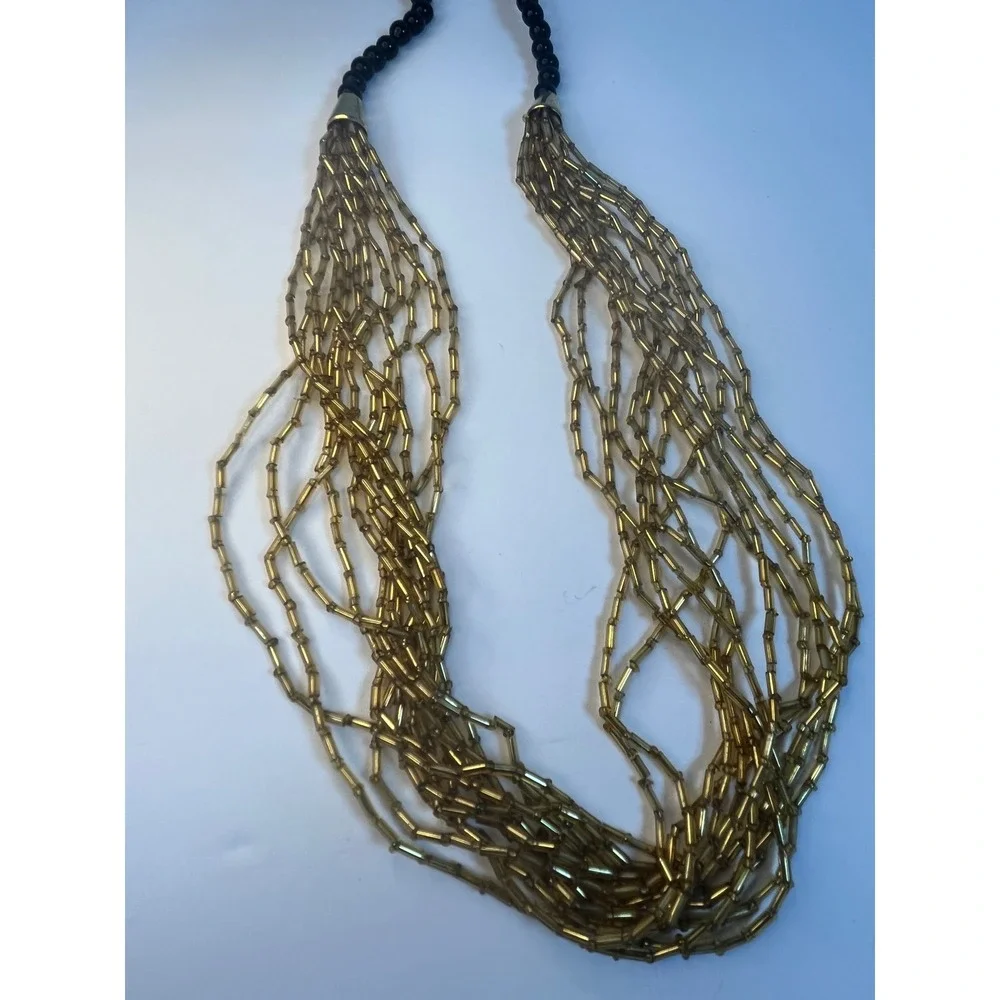 Vintage Gold Bugle Bead Multi Strand Necklace Black Accent Hook Clasp 24 Inch